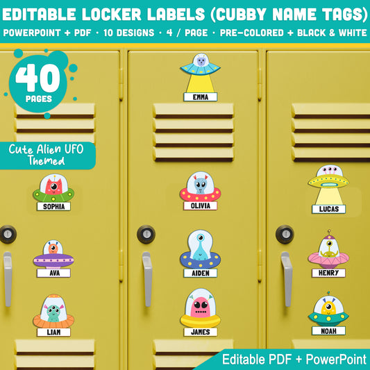 Editable Locker Labels (Cubby Name Tags), Cute Alien UFO Themed, 10 Designs, Classroom Name Tags, PDF + PowerPoint, Instant Download