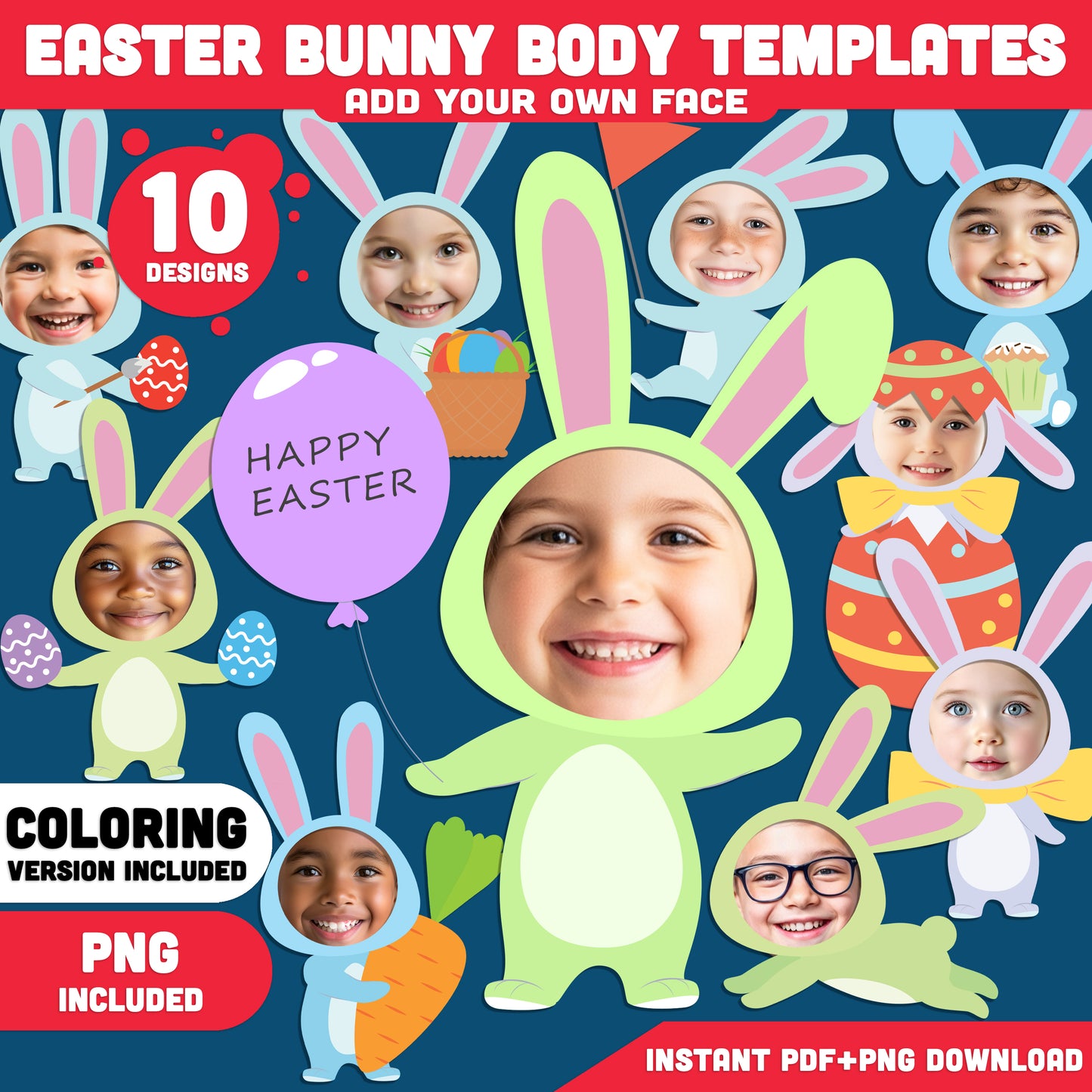 Easter Bunny Body Templates – Spring Add Your Own Face Craft for Kids, Coloring Version Included, 300 DPI PDF + PNG Files