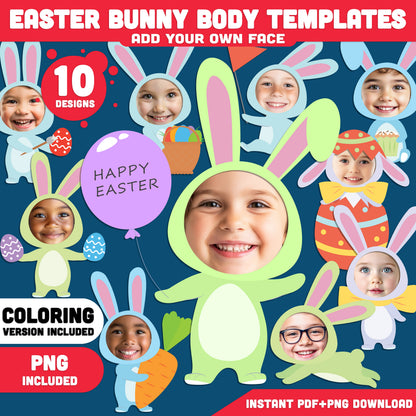 Easter Bunny Body Templates – Spring Add Your Own Face Craft for Kids, Coloring Version Included, 300 DPI PDF + PNG Files