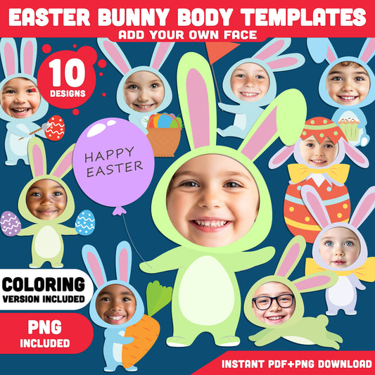 Easter Bunny Body Templates – Spring Add Your Own Face Craft for Kids, Coloring Version Included, 300 DPI PDF + PNG Files
