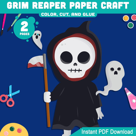 Halloween Printable Grim Reaper Paper Craft, Color Cut & Glue Activity for Preschool, Pre-K, Kindergarten, October Bulletin Board, Pre-Colored + Black & White