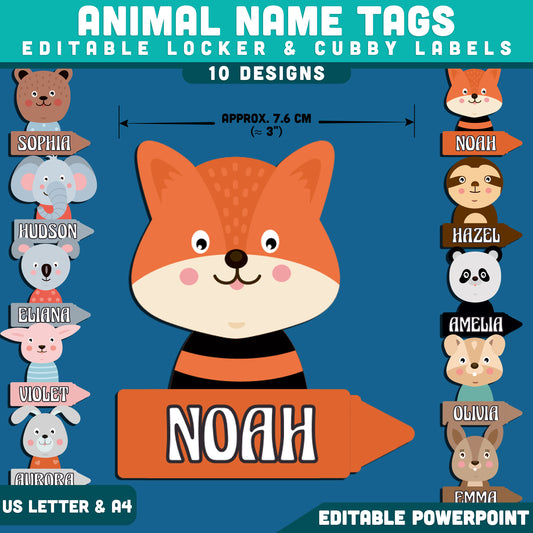 Cute Animal Name Tags, Editable Locker & Cubby Labels, Student Desk & Storage Decor, PowerPoint, 10 Fun Designs, Classroom Setup, US Letter, A4