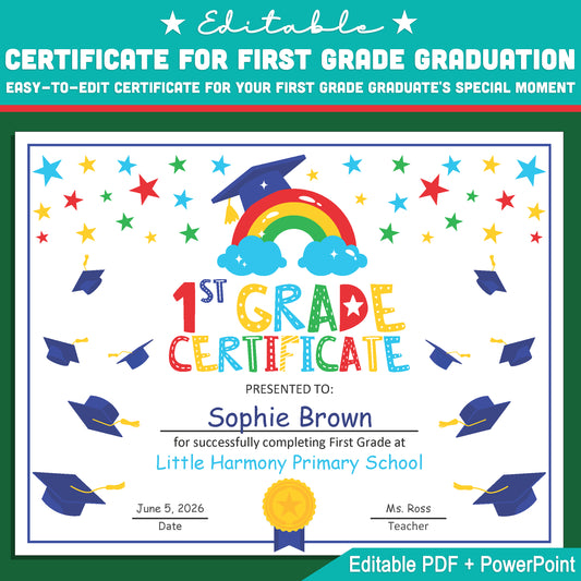 Customizable First Grade Certificate Template: Editable 8.5x11 PDF & PowerPoint, Perfect for Graduation and End of Year Award Ceremonies