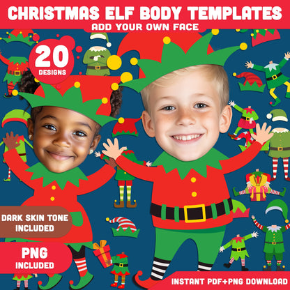 Printable Christmas Elf Body Templates for Kids, 20 Fun Designs (Light + Dark Skin Tone, PDF + PNG), Add Your Own Face Winter Craft, 8.5x11”, High-Res PDF Download