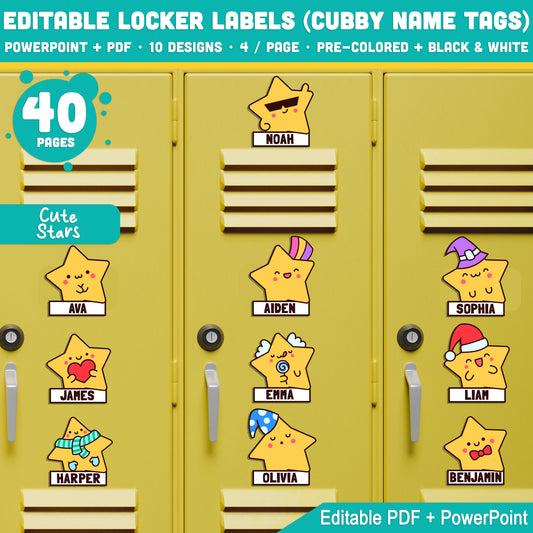 Cute Star Themed Name Tags – Editable Locker & Cubby Labels, 40 Pages, PDF + PowerPoint, Pre-Colored + Black & White