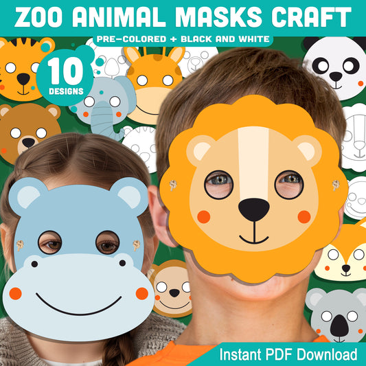 Animal Mask Templates Printable, Zoo Theme Activity, Kids Creative Play Resource, Preschool Classroom Art Center, 10 Designs, Pre Colored Black White, 8.5x11, Instant PDF