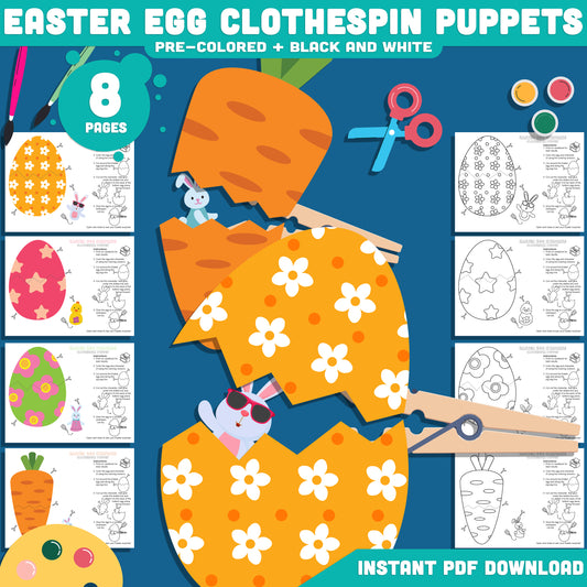 Easter Egg Clothespin Puppets Printable Craft, Spring Puppet Activity Templates, Easter Egg Surprise Color Cut Glue Craft, 4 Designs, Classroom or Home Use