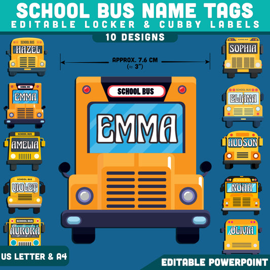 School Bus Name Tags, Editable Locker & Cubby Labels, Printable Classroom Organization, Editable PowerPoint, 10 Bright Designs, US Letter, A4