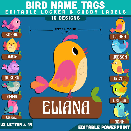 Bird Name Tags, Adorable Classroom Decor, Editable Locker & Cubby Labels, Friendly School Theme, PowerPoint Template, 10 Designs, US Letter, A4
