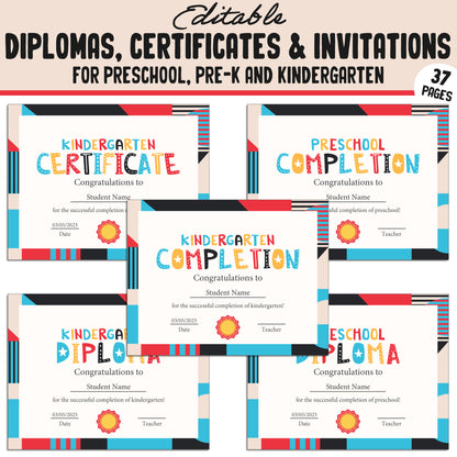 Editable End of the Year Certificates, Diplomas & Invitations for Kindergarten, PreK, Preschool, 37 Customizable PDF Pages, Instant Download