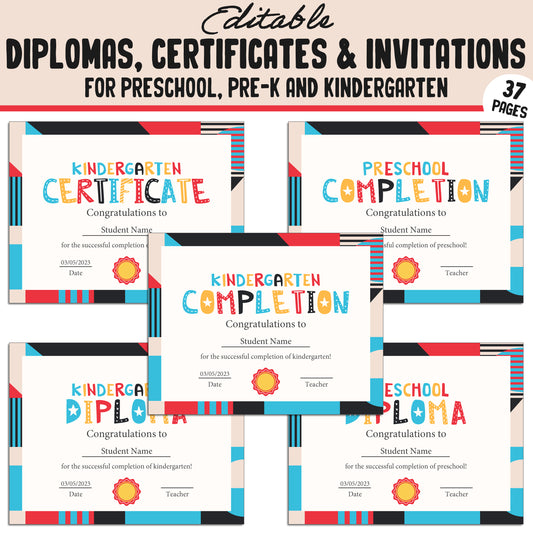 Editable End of the Year Certificates, Diplomas & Invitations for Kindergarten, PreK, Preschool, 37 Customizable PDF Pages, Instant Download