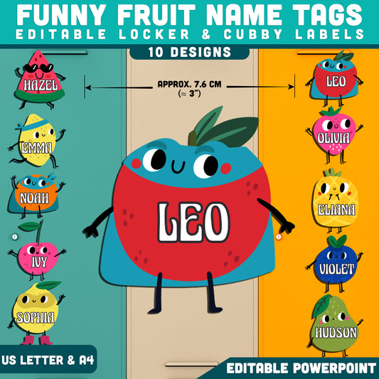 Funny Fruit Theme Name Tags, Editable Locker & Cubby Labels, Colorful Student Organization, PowerPoint, 10 Designs, Classroom Setup, US Letter, A4