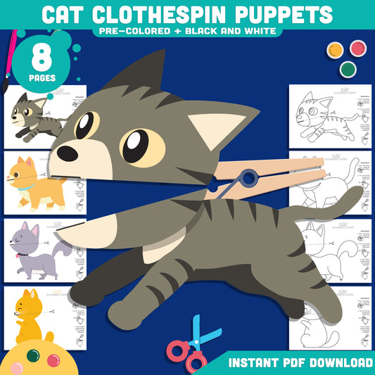 Cat Clothespin Puppets, Color Cut and Play Kitten Craft, Interactive Pet Activity, Printable PDF Download