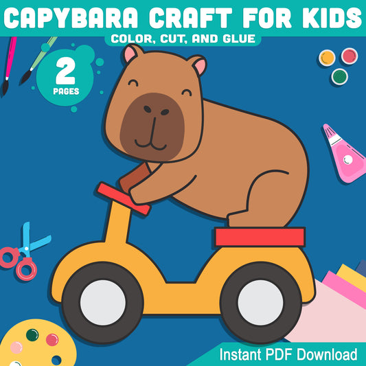 Capybara Scooter Adventure Craft: Easy Color, Cut, and Glue Activity for Kids, Perfect for Jungle Animal Art Projects, Instant PDF