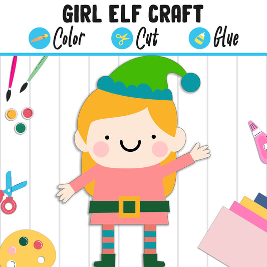 Cute Girl Elf Craft: Fun Christmas Activity for Kids, Color, Cut, and Glue, Pre K to 2nd Grade, PDF Instant Download