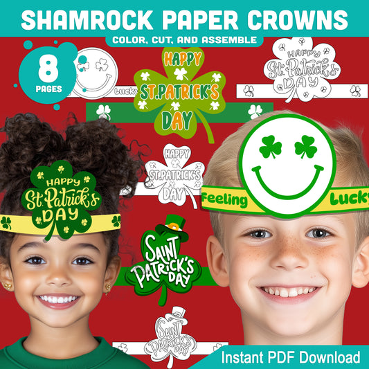 Shamrock Paper Crowns – St. Patrick’s Day Printable Headband Craft for Kids, Lucky Leprechaun Crown, School Party Paper Hat, Pre-color + Black & White