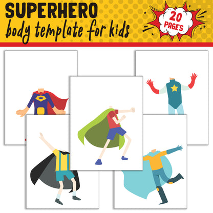 Superhero Body Template Set with Customizable Faces, 20 Pages, PDF, Instant Download for Kids (PreK to 6th Grade)