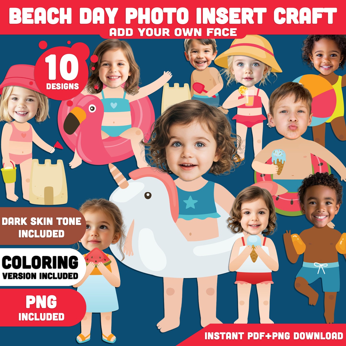 Add Your Own Face Beach Craft for Kids, Beach Day Photo Insert, Kids Playing on the Beach Photo Templates, Summer Activity, Coloring Version Included