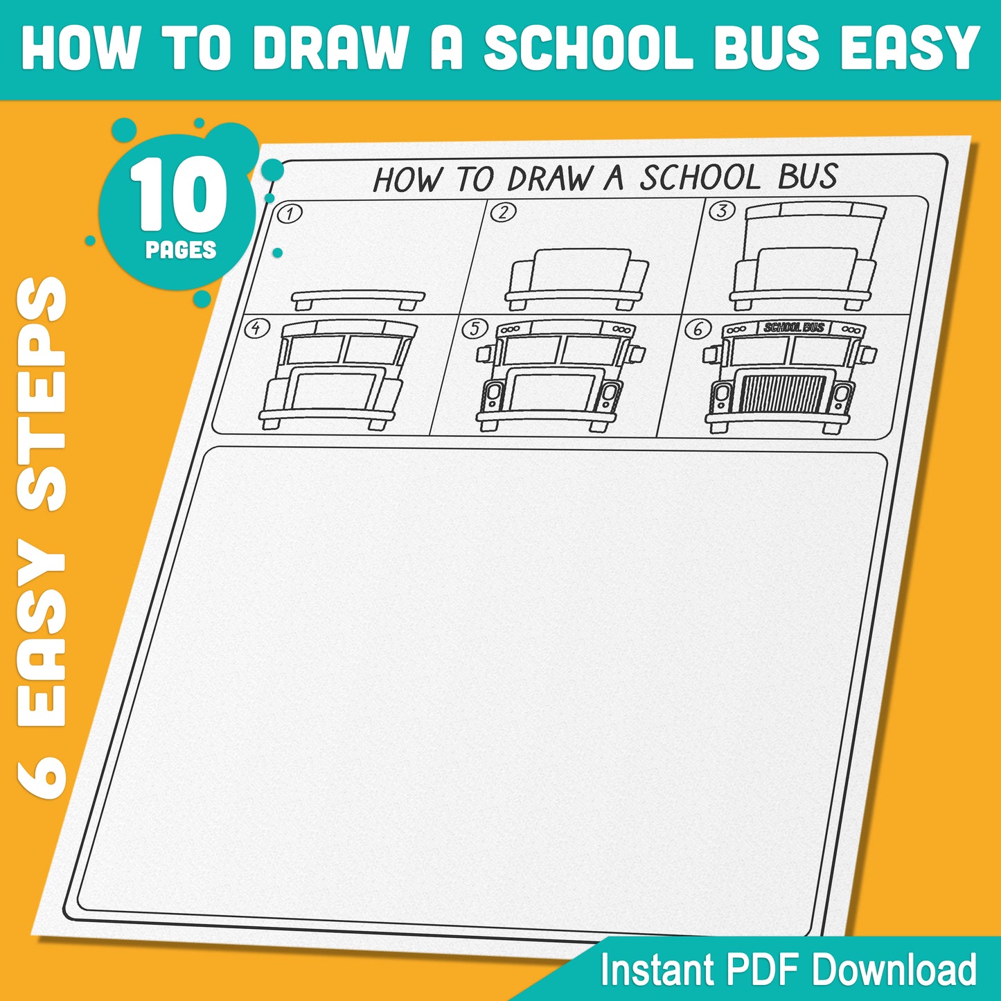 School Bus Art Activity for Kids: 5-Step Drawing Guide + Coloring Pages, Perfect for Creative Classroom Fun or Homeschool Projects, PDF Download