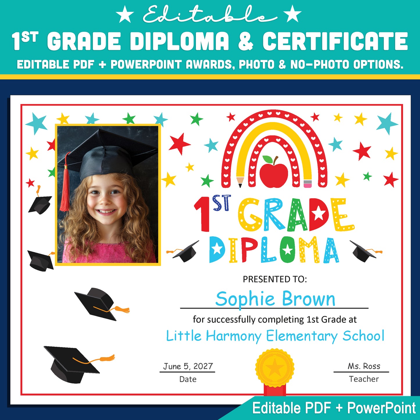Editable 1st Graduation Diploma & Certificate Set, Printable Rainbow Stars Awards, Photo and No-Photo Options, PDF, PowerPoint, Canva