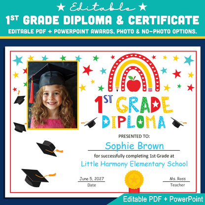 Editable 1st Graduation Diploma & Certificate Set, Printable Rainbow Stars Awards, Photo and No-Photo Options, PDF, PowerPoint, Canva