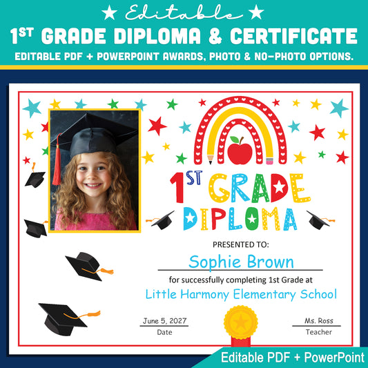 Editable 1st Graduation Diploma & Certificate Set, Printable Rainbow Stars Awards, Photo and No-Photo Options, PDF, PowerPoint, Canva