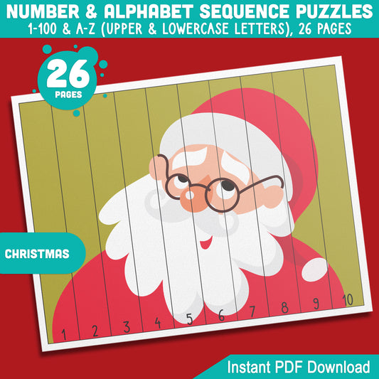 Engaging Christmas Number & Alphabet Sequence Puzzles: 1-100 & A-Z PDF for Toddlers, Preschool, and Kindergarten, Great for Early Math Skills