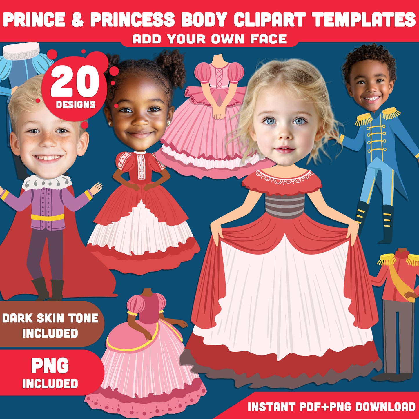 Prince & Princess Body Clipart Templates – Put Your Face on Royal Designs! Light + Dark Skin, PDF + PNG, Instant Download