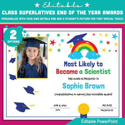 Editable Class Superlatives End of the Year Awards – Personalize Names, Details & Student Photos, PowerPoint Templates (2 Options), Instant Download