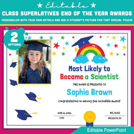 Editable Class Superlatives End of the Year Awards – Personalize Names, Details & Student Photos, PowerPoint Templates (2 Options), Instant Download