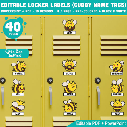 Editable Locker Labels, Cute Bee Themed Cubby Name Tags for Kids, PDF + PowerPoint, 40 Pages, Pre-Colored + Black & White, Instant Download