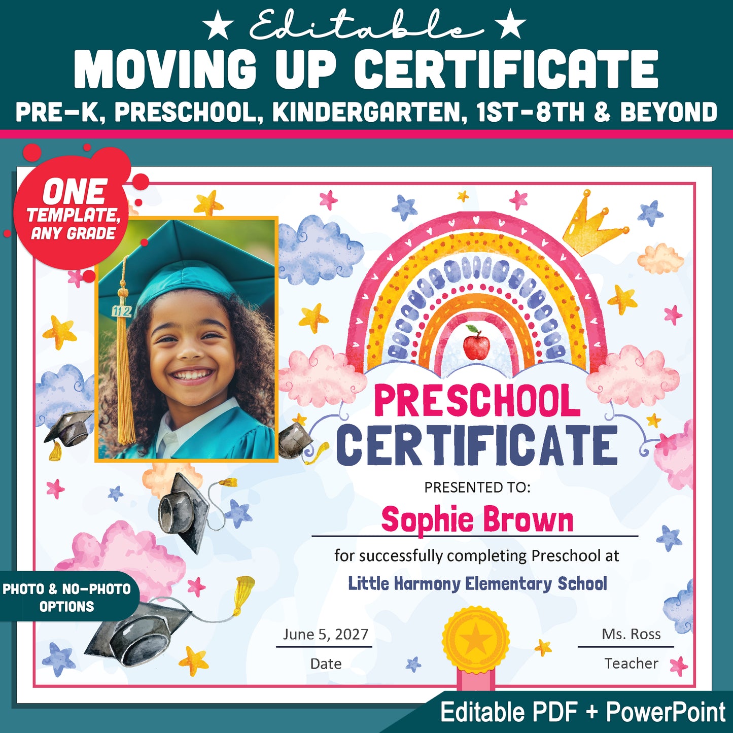 Editable Moving Up Certificate, Any Grade Promotion Award, Pre-K Preschool to 1st–8th & Beyond, PDF PowerPoint Templates, Photo Option