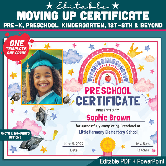 Editable Moving Up Certificate, Any Grade Promotion Award, Pre-K Preschool to 1st–8th & Beyond, PDF PowerPoint Templates, Photo Option