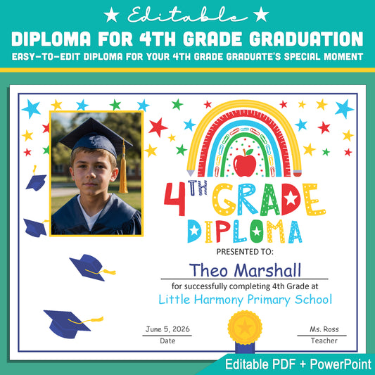 4th Grade Diploma Template with Photo: Editable PDF & PowerPoint for Graduation Ceremonies, Achievement Recognition, and Special Milestone Events