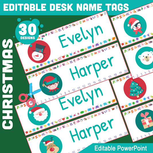 30 Editable Christmas Desk Name Tags for Students: Festive Designs with Alphabet, Shapes, Numbers 1-20, 2 Per Page, 8.5"x11", PowerPoint Template