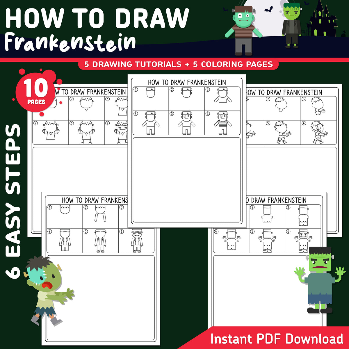How to Draw Frankenstein, Halloween Directed Drawing, 6 Easy Steps for Kids, Monster Art Lesson, 5 Drawing Pages, 5 Coloring Pages, PDF Download