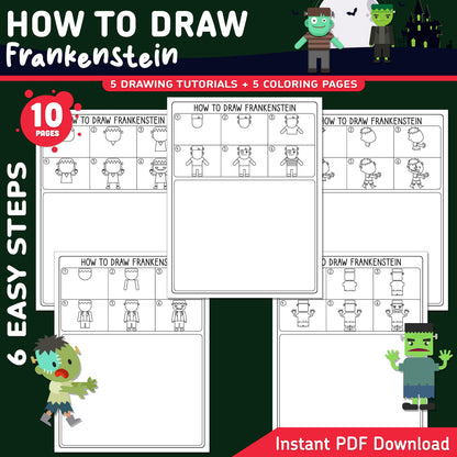 How to Draw Frankenstein, Halloween Directed Drawing, 6 Easy Steps for Kids, Monster Art Lesson, 5 Drawing Pages, 5 Coloring Pages, PDF Download