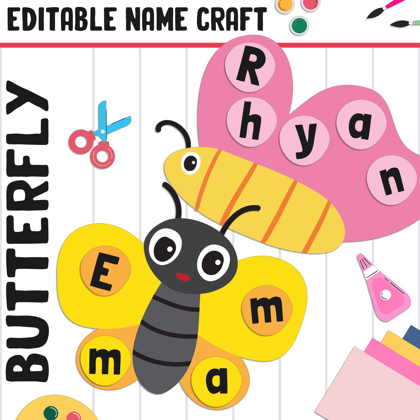 Butterfly Name Craft Activity: Back to School Bulletin Board, 40 Pages, 5 Designs, Blank & Editable, Color and Black-and-White Versions