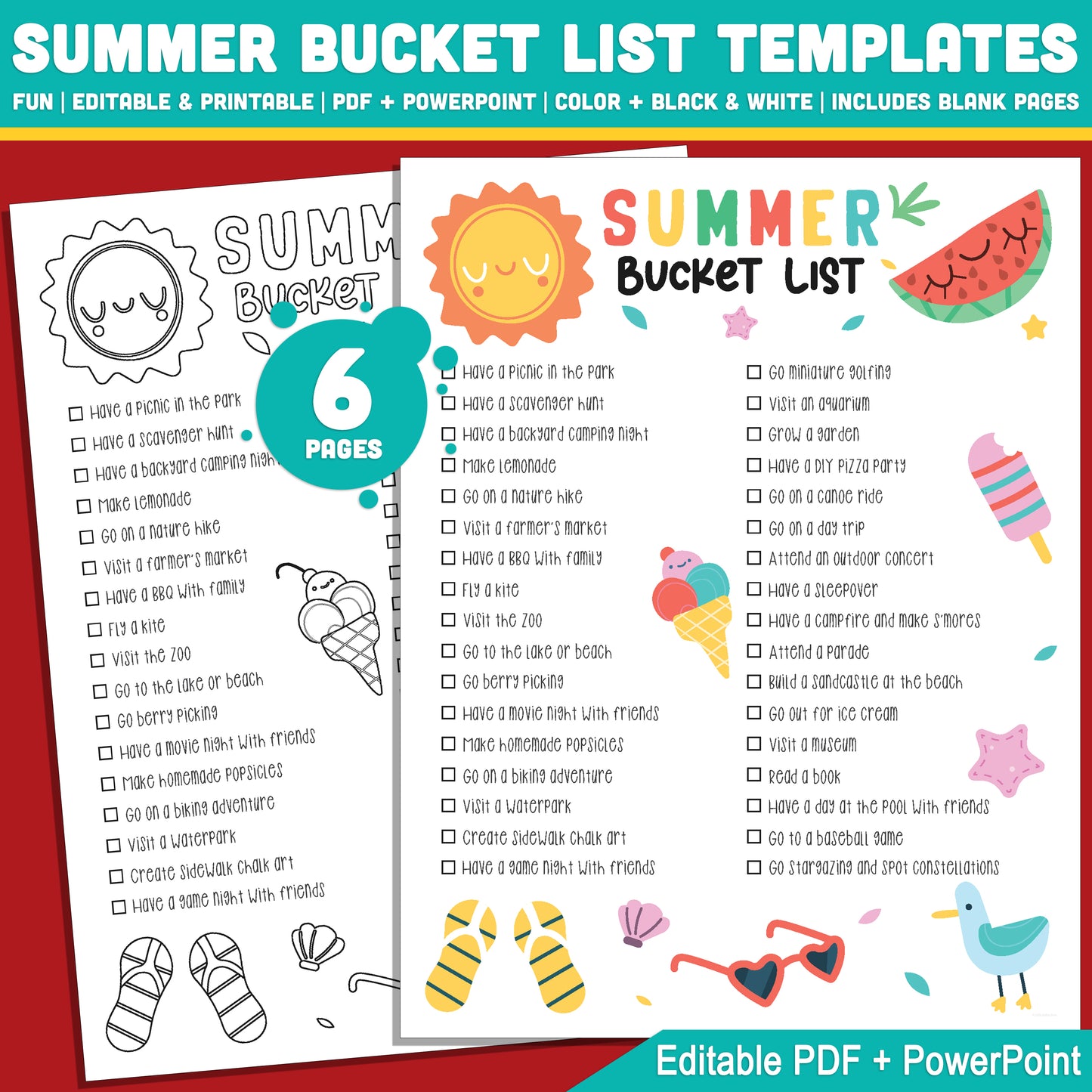 Editable Summer Break Checklist Printable – Fun Bucket List Template for Kids in PDF & PowerPoint with Coloring Options, Instant Download