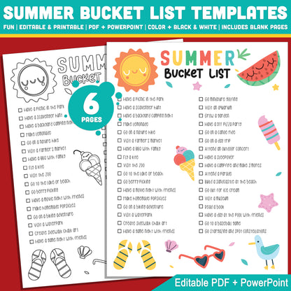 Editable Summer Break Checklist Printable – Fun Bucket List Template for Kids in PDF & PowerPoint with Coloring Options, Instant Download