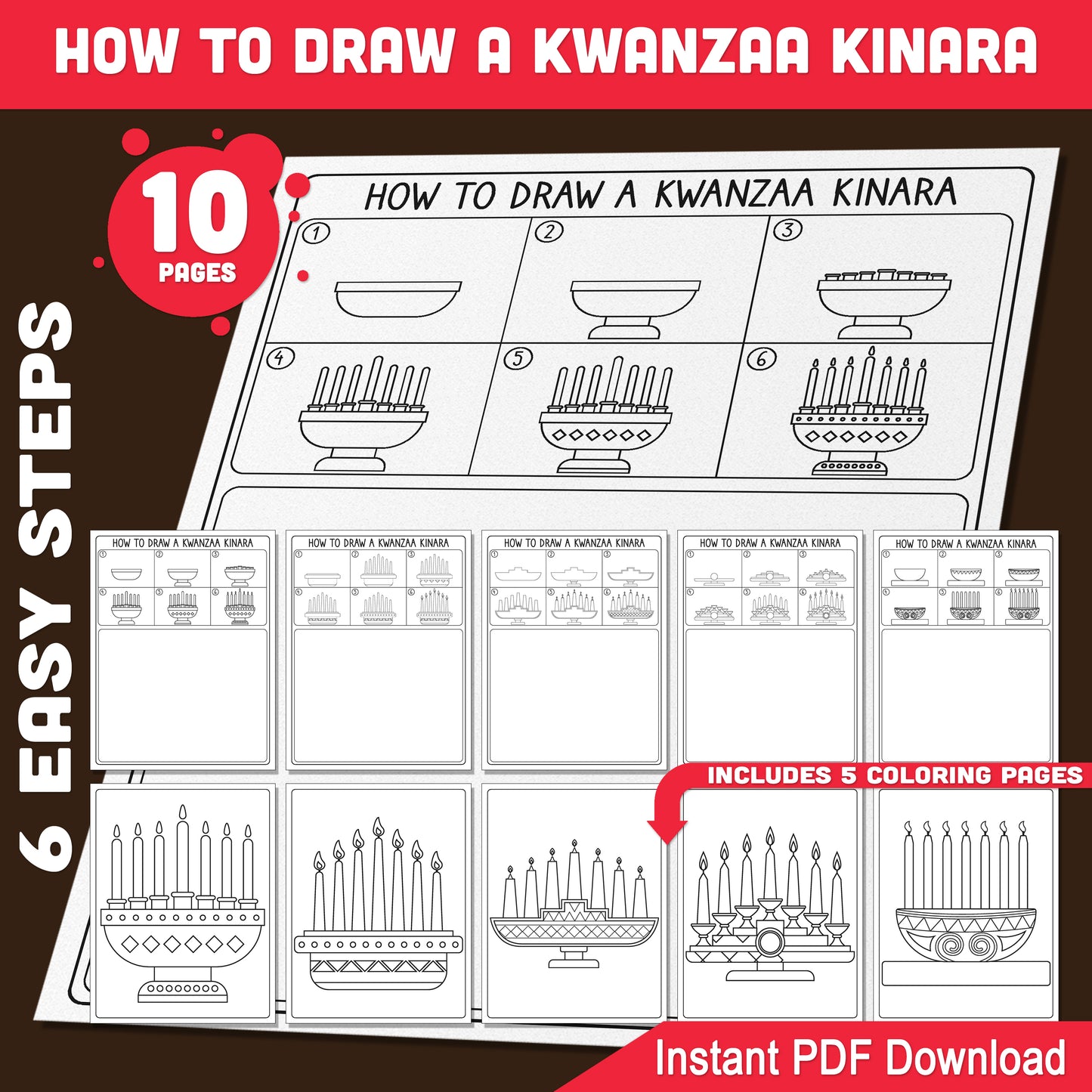 Kwanzaa Kinara Step-by-Step Drawing Guide: Learn How to Draw a Kwanzaa Kinara in 6 Easy Steps, 5 Pages Plus Coloring Sheets for Kids, Instant PDF