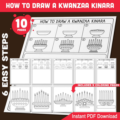 Kwanzaa Kinara Step-by-Step Drawing Guide: Learn How to Draw a Kwanzaa Kinara in 6 Easy Steps, 5 Pages Plus Coloring Sheets for Kids, Instant PDF