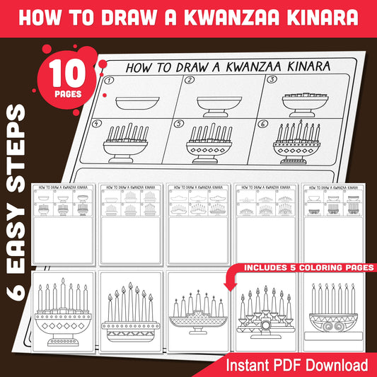 Kwanzaa Kinara Step-by-Step Drawing Guide: Learn How to Draw a Kwanzaa Kinara in 6 Easy Steps, 5 Pages Plus Coloring Sheets for Kids, Instant PDF