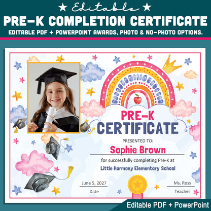 Pre-K Completion Certificate, Rainbow Star Editable End of School Year Awards, Photo and No Photo Versions, PDF and PowerPoint Download
