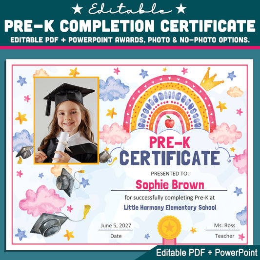 Pre-K Completion Certificate, Rainbow Star Editable End of School Year Awards, Photo and No Photo Versions, PDF and PowerPoint Download