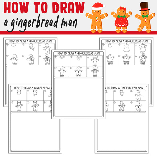 Learn How to Draw a Gingerbread Man: Directed Drawing Step by Step Tutorial, Includes 5 Coloring Pages, PDF File, Instant Download.