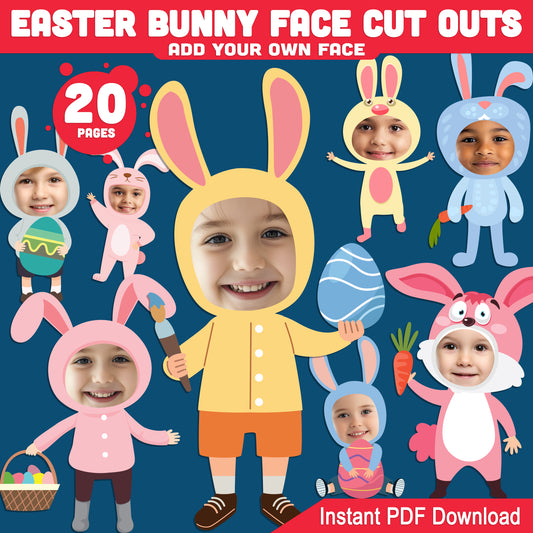 DIY Easter Bunny Face Cutout Templates: 20 Printable Designs for a Fun Kids’ Activity, Add Your Own Face, Creative Spring Craft, Instant PDF Download