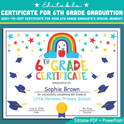 6th Grade Certificate Template: Customizable PDF & PowerPoint for Recognition Awards, Graduation, and Special Achievement Milestones, Letter Size