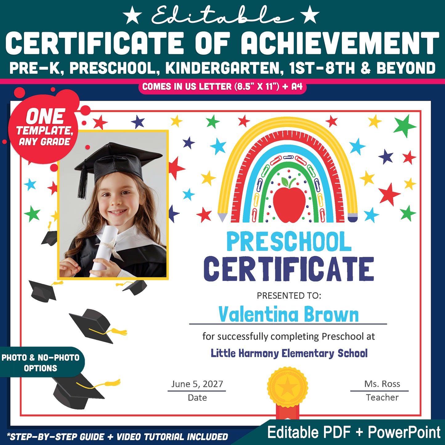 Certificate of Achievement, Printable Rainbow School Awards, Photo and No-Photo Options, PDF and PowerPoint Templates