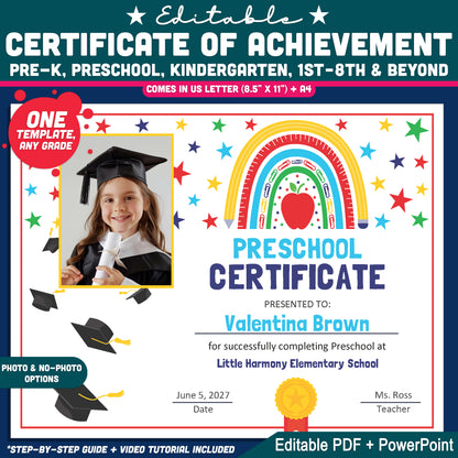 Certificate of Achievement, Printable Rainbow School Awards, Photo and No-Photo Options, PDF and PowerPoint Templates
